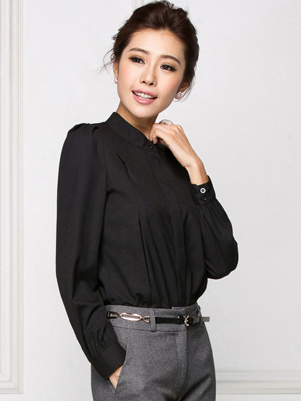 秋冬黑色長袖襯衫修身OL風(fēng)格氣質(zhì)女士襯衣
